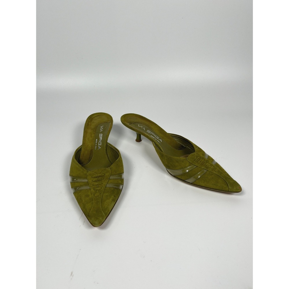 VTG Via Spiga Kitten Heels Womens 8M Green Suede Pointed Toe Chic Statement Y2K